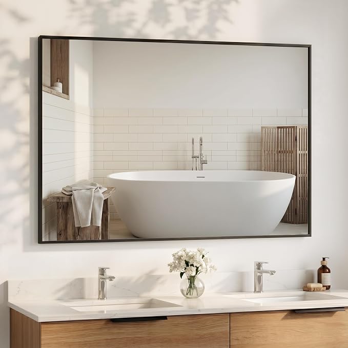 48"x30" Black Landscape Bathroom Mirror for 48-60 inch Vanity, Shatterproof Tempered Glass, Narrow Metal Frame, Ultra-Flush Mount