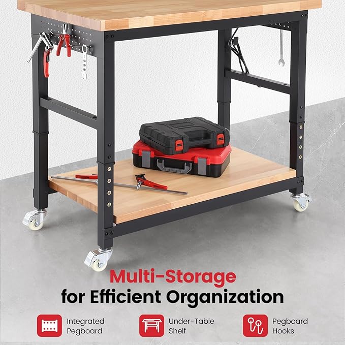 Workbench with Wheels 48 Inch Adjustable Height Work Table with Under Table Shelf, Pegboard, Power Outlets Work Bench for Garage, Home, Office, Workshop