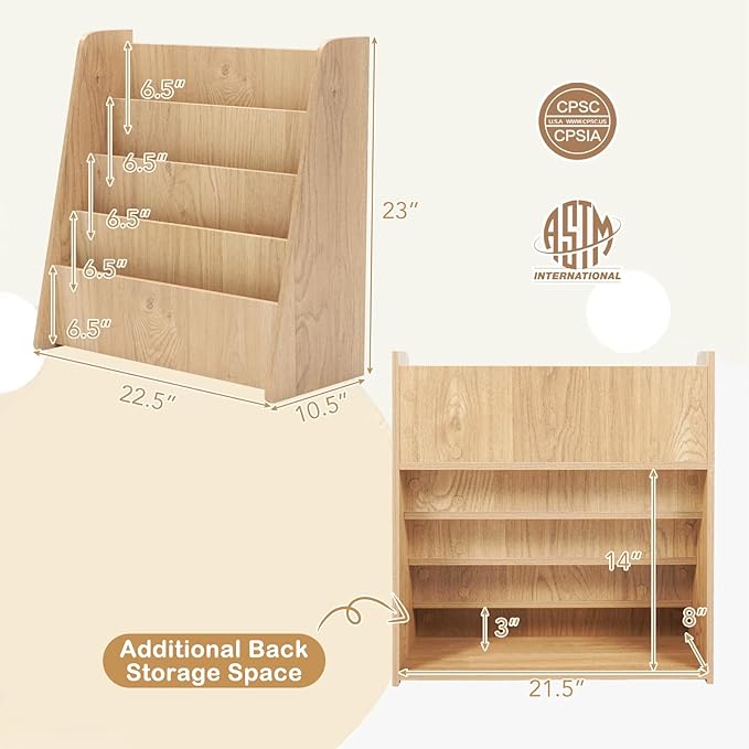 HONEY JOY Kids Bookshelf, 4-Tier Wooden Toddler Bookcase, Children Book Rack & Magazine Display Shelf, Toy Storage Organizer, Book Shelf for Kids Rooms, Playroom, Nursery, Classroom (Natural)