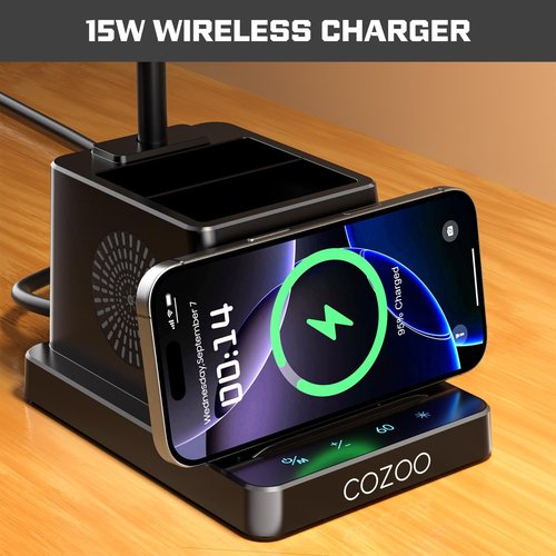 Cozoo LED Desk Lamp - 15W Bright Light with Wireless Charger & Pen Holder | Gooseneck Design for Home Office & Study