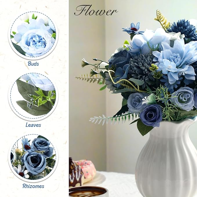 Zeyune 12 Bundles Artificial Peonies Flowers Artificial Silk Rose Faux Dahlia Fake Chamomile Hydrangea Bouquet Bulk for Vase Home Wedding Centerpiece Party Decoration(Indigo,Gradient Blue)