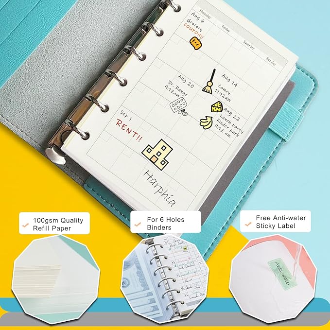 A7 Planner Refill,4 Packs per Set, Monthly Plan Paper, A7 Pocket Binder Refills Inserts 6 Ring with Label Stickers Gift,Mini Binder Refills,6 hole/100gsm Thick Paper/4.84 x 3.23'', Harphia