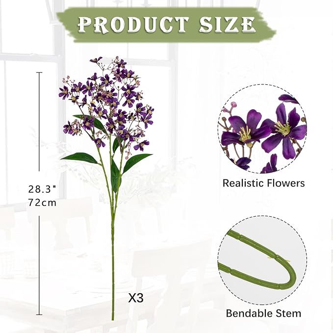 Hollyone Artificial Daphne Flowers with Long Stem 3Pcs Faux Purple Flowers 28.3” Fake Autumn Fall Silk Flowers Piacks Bouquet for Floral Arrangement Wedding Party Centerpiece Table Home Decor