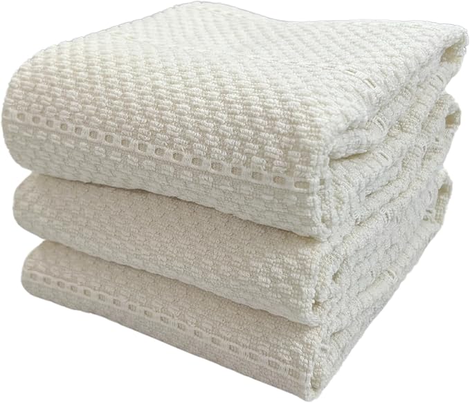Off White Ivory Cream Kitchen Hand Dish Towels: Oversized 28" x 18",100% Cotton Cloth Soft Cleaning Drying Absorbent Textured Design, Set of 3 Multipurpose for Everyday Use (Creme Textured)