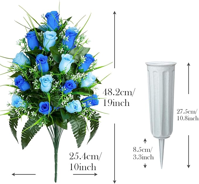 Artificial Cemetery Flowers - Set of 2 Grave Memorial Rose Flowers with Vase for Cemetery Headstones Gravesites Decoration (Dark Blue & Light Blue)