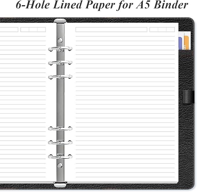6 Hole Lined Paper Refills for A5 Ring Binder - 100 Sheets/200 Pages Loose Leaf Paper Line Refills for Filofax Planner, 100 gsm White Paper, 5.8" x 8.25"