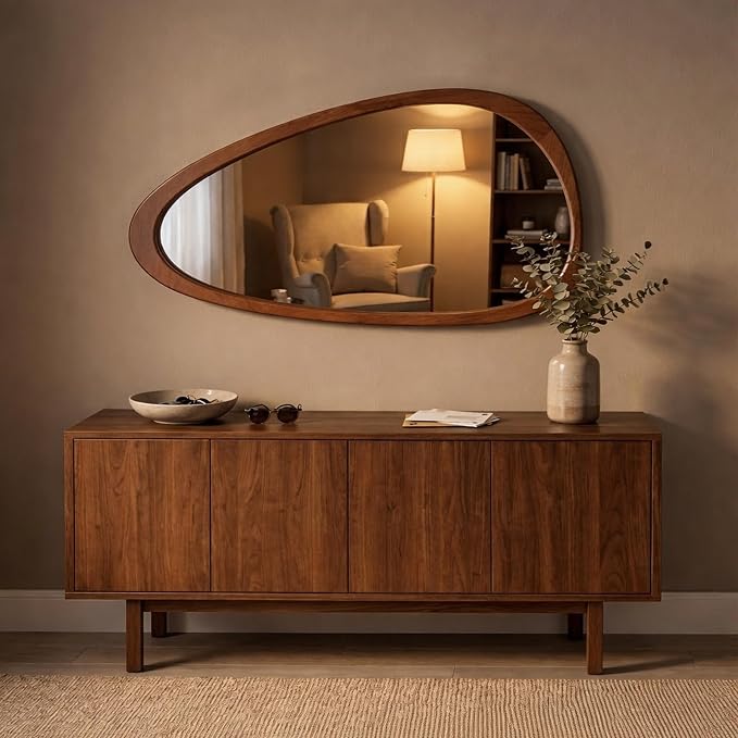 Solid Wood 48"x24" Large Full Length Irregular Mirror, Aesthetic Mid-Century Modern Statement Wall-Mounted Mirror, Modern Organic Asymmetrical Wooden Mirror, Dark Walnut