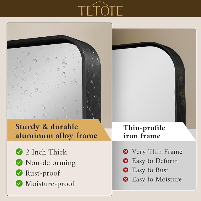 TETOTE 60 x 40 Inch Black Frame Mirror, Bathroom Vanity Mirror for Wall, Modern Rectangle Round Corner Matte Framed Mirror (Horizontal/Vertical)