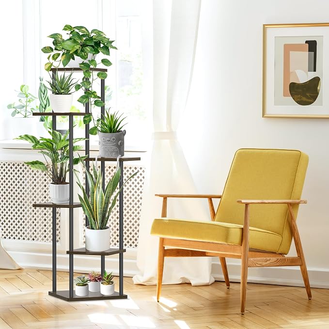 Oppro 6 Tier Plant Stand Indoor Outdoor, Tall Metal Wood Muti-Level Planter Shelf Holder, Sturdy Large Vertical Corner Orchid Flower Pot Display Rack for Narrow House Decor Office Living Room Bedroom, Oak