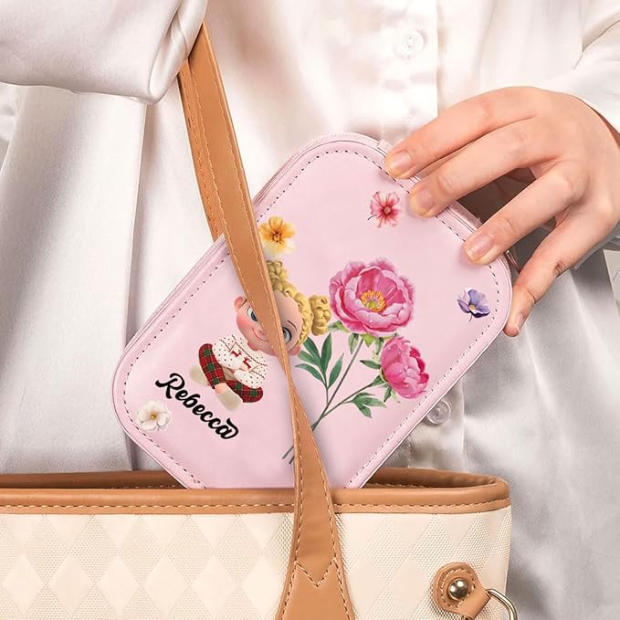 Wrappiness Girls & Women Lovely Makeup Box With LED Mirror - Personalized Jewelry Box Organizer Portable Ideal for Travel, Gift for Daughters Sisters Friends (Birth Month Flower, Toddler Girls)