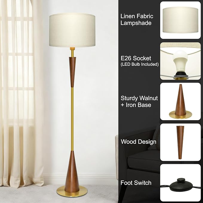 Floor Lamps for Living Room,61.5" Wood Floor Lamp,Retro Farmhouse Standing Lamp Includes 9W Bulb with 3-Color Temperature,Tall Lamp for Bedroom,Dining Room,Living Room,Corner,Bronze