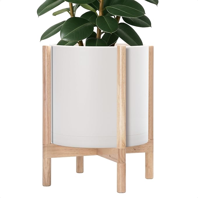 D'vine Dev Planter Pot with Stand - 14 Inch Plastic Cylinder Flower Pot with Wood Planter Holder for Indoor, Oatmeal Pot + Natural Stand, 55-C-S-4
