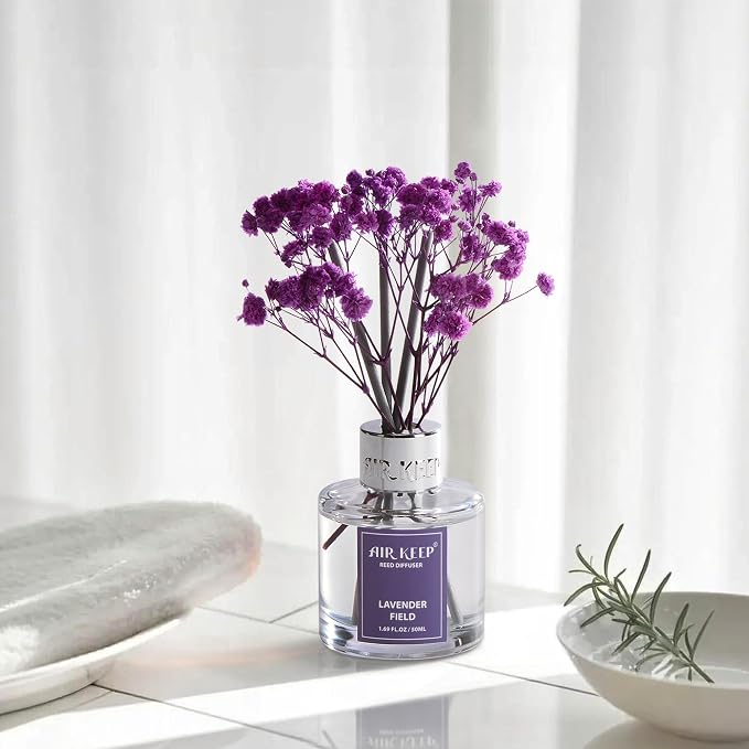 Airkeep Reed Diffuser Set,1.69 fl oz (50 ml) - Lavender Field Oil Diffusers with 8 Reed Sticks,Home Fragrance Reed Diffuser for Bathroom Shelf Decor