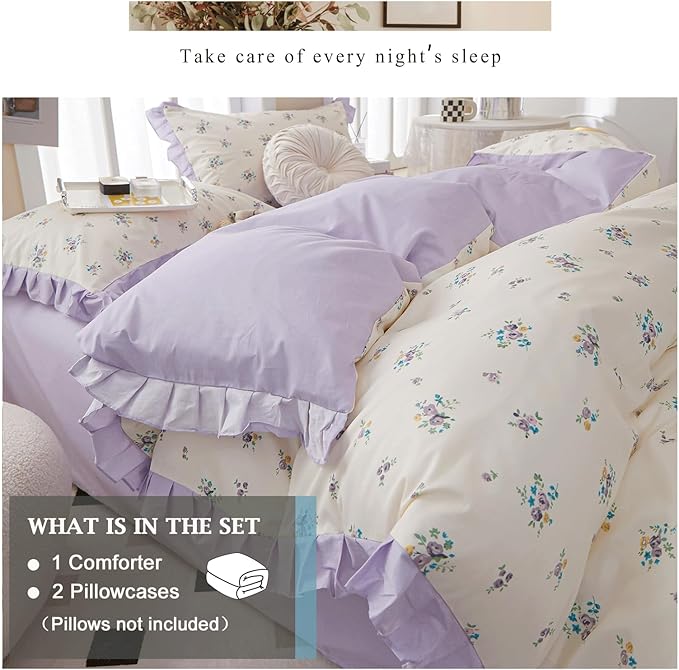 VM VOUGEMARKET Girl's Floral Comforter Set Full Princess Style Ruffle Bedding Comforter Sets,Vintage Farmhouse Purple Flower Comforter with 2 Pillowcases for All Seasons(3pcs,Full)