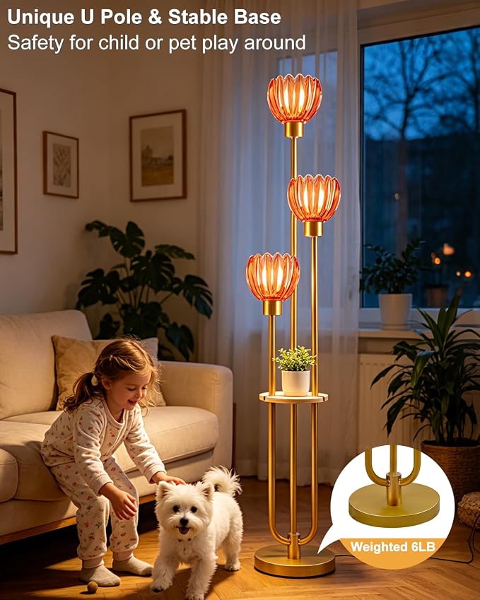 Lightdot 3-Lights Glass Floor Lamp for Living Room Modern Gold Floor Lamps with Lotus Deep Red Glass Shade& Bulbs Included for Wedding/Party Tall Standing Lamp for Bedroom/Sofa Beside/Corner Decor