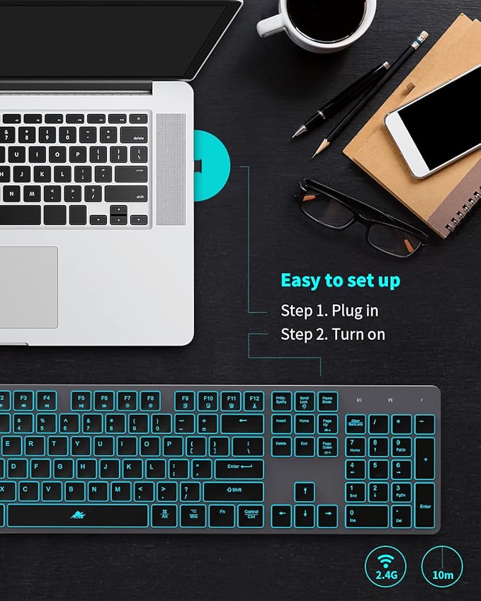 Wireless Backlit Keyboard, Rechargeable USB Silent Keyboard, 2.4G Cordless Full Size, Compatible with Apple iMac, MacBook and PC, Computer Laptop, Space Gray…