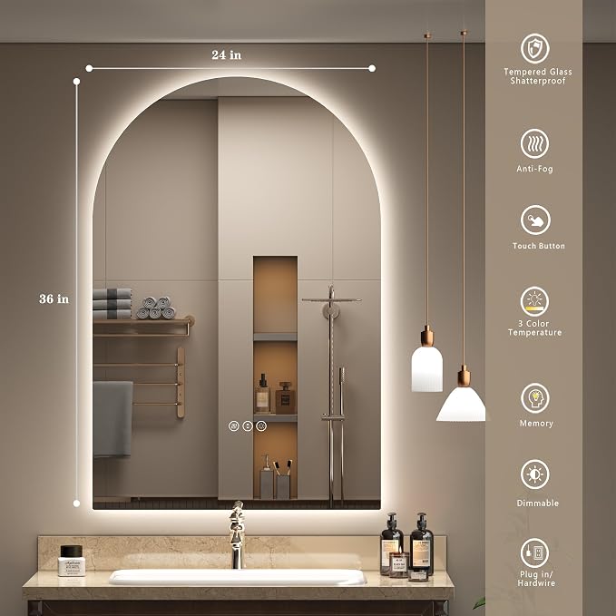 Backlit Arched LED Bathroom Mirror 24x36 Inch, Dimmable LED Vanity Mirror with Lights, Anti-Fog, 3 Colors, Memory, ETL Listed