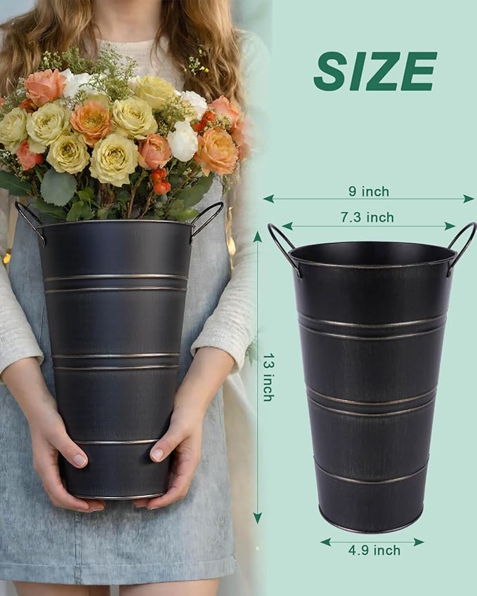 12 Inch Galvanized Metal Vases for Flowers - 6 Pcs Farmhouse Decorative Tall Flower Bucket with Handles, Rustic French Tin Planter Buckets for Wedding Decor (Black)