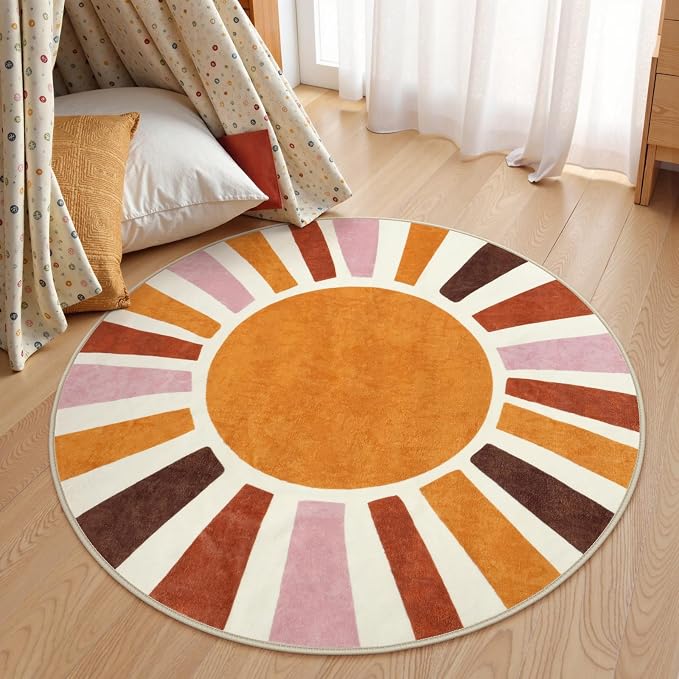 LIVEBOX Retro Sun Round Bathroom Rug 3 ft, Colorful Boho Rug Soft Circle Entryway Rugs for Bedroom, Cute Washable Non-Slip Kids Carpet Doormat for Dorm Living Room Nursery Room