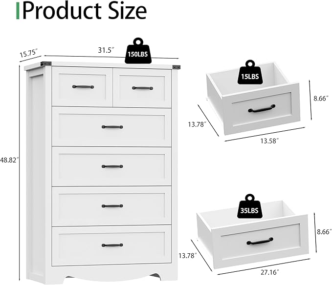 Dresser for Bedroom with 6 Drawers, 49" Tall Wood Chest of Drawers with Deep Drawers & Mental Handle, Modern Dresser TV Stand, Wooden Closet Storage Organizer for Living Room, Hallway, Entryway, White