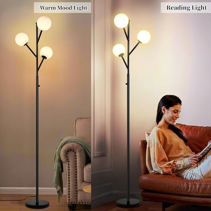 Ldeco 3-Globe Mid Century Black Tree Floor Lamp for Living Room,70in Tall Modern Stepless Dimmable Standing Lamp with Frosted Glass Shade for Office Bedroom, Study Room Bulbs Included(dimmer-Black)