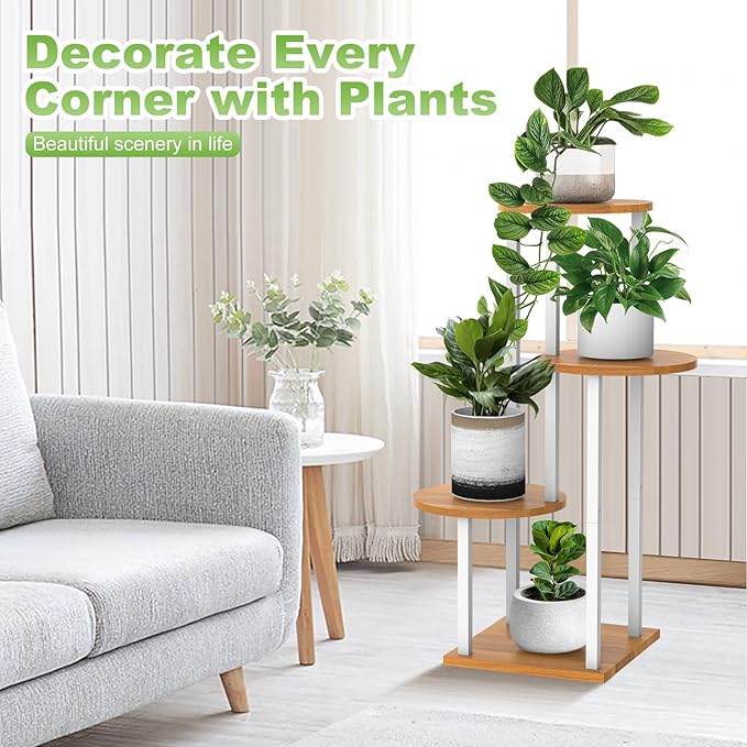 4 Tier Wood Tall Plant Stand Metal Rack Indoor, Multiple Flower Pot Holder Shelves Corner Rack, Round Planter Shelf Display Rack Storage Organizer for Patio Living Room Balcony(White+Wooden)