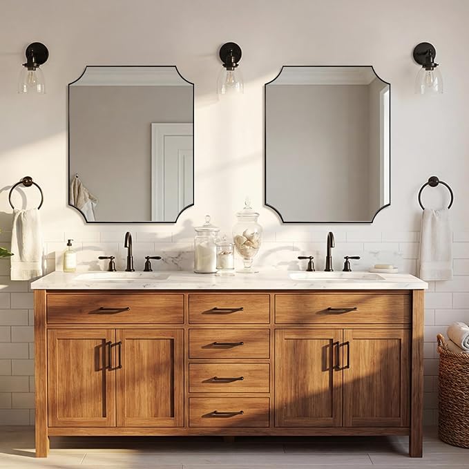 ANDY STAR 24"x30" Scalloped Vanity Mirror, Matte Black Framed Bathroom Mirror, Modern Wall Mirror in Premium Stainless Steel Frame, Aesthetic Scalloped Corner Design, Ideal for Bathroom Remodel