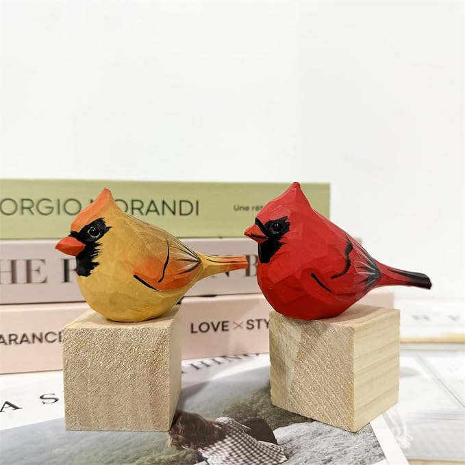 Hand Carved Painted Bird Statues - Wooden Cardinals for Home Decor, Housewarming, Birthday, Christmas