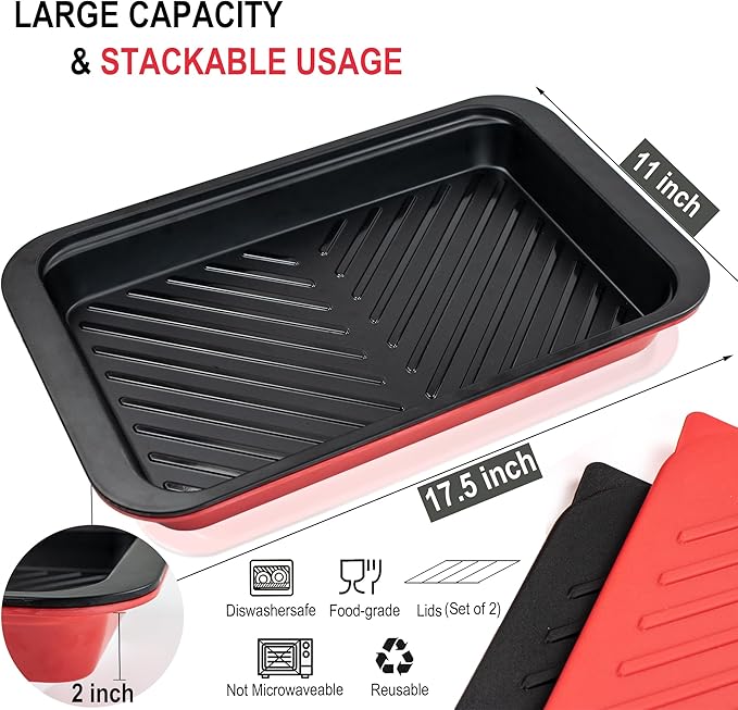 Czlizdyt Deep Grilling Prep and Serve Trays with lid, BBQ Tray for Marinating Raw and Cooked Food, Diswasher Safe Nesting Trays Black in Red