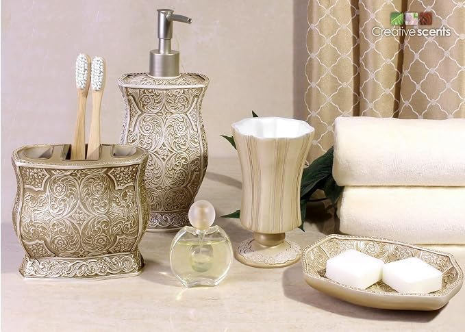 Creative Scents Victoria Liquid Hand Soap Dispenser for Bathroom with Pump | Decorative Beige Countertop Lotion Dispenser