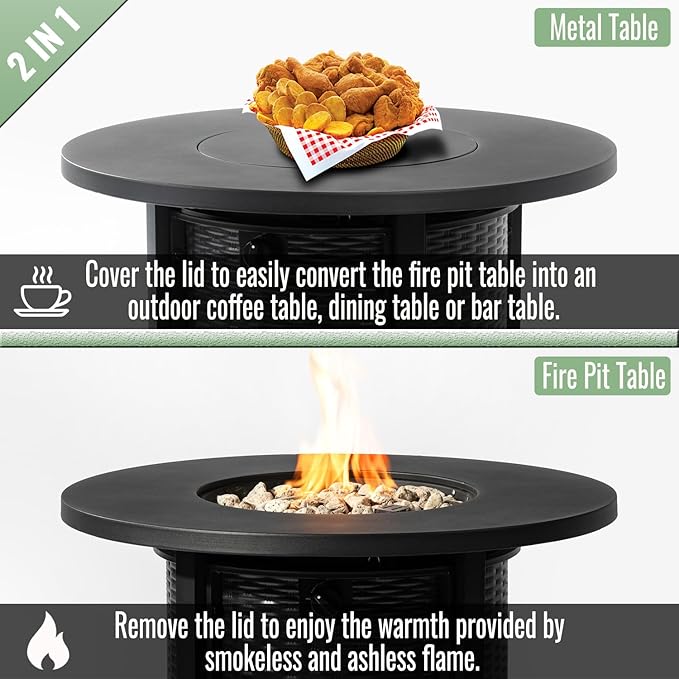32" Propane Gas Fire Pit Table, 50000 BTU Round Steel Fire Pit with Lid & Glass 2 in 1 Fire Pit Table Rock for Outside Patio Deck Garden Courtyard