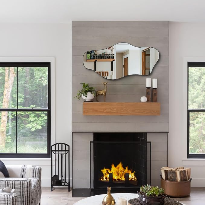 Irregular Frameless Mirror, 35.8"x17.7" Asymmetrical Tempered Glass Mirror, Modern Organic Shaped Wall Mirrors for Entryway Bedroom Living Room Bathroom, Horizontal or Vertical Hanging