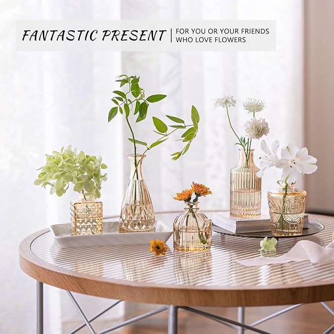 24pcs Glass Bud Vase Set, Small Gold Amber Flower Vases for Centerpieces in Bulk, Mini Vintage Vase for Wedding, Home,Table Decoration