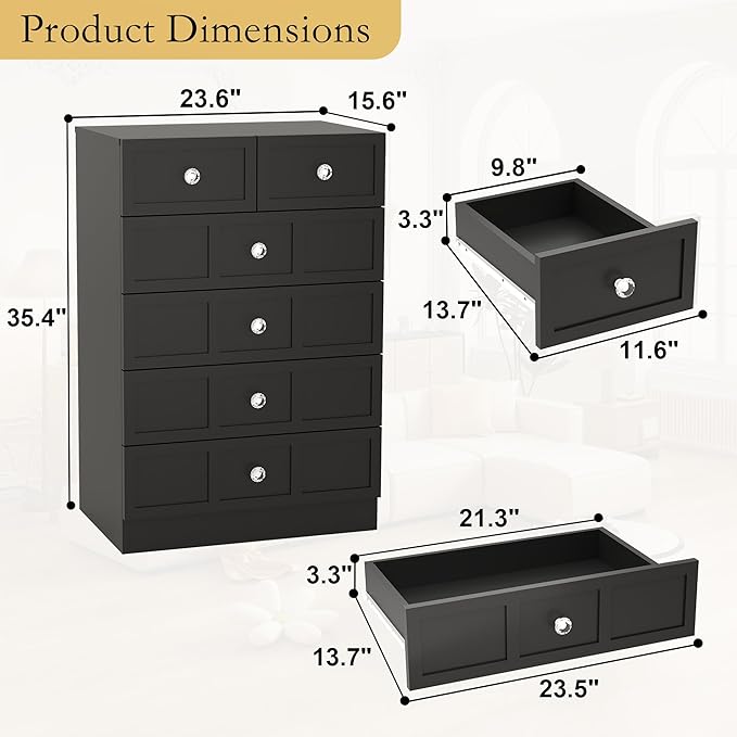 6 Drawer Dresser for Bedroom: 24" Fluted Black Dresser Deep Drawers, Modern Chest of Drawers for Bedroom, Fluted Wood Dressers for Living Room, Hallway (Black, 24")