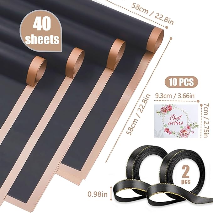 40 Sheets Black Grey Flower Wrapping Paper, Gold Edge Waterproof Floral Wrapping Paper, 22.8x22.8 inch Bouquet Paper Wrap with 2 Rolls Ribbon for Wedding Birthday Gift DIY Crafts Florist Supplies