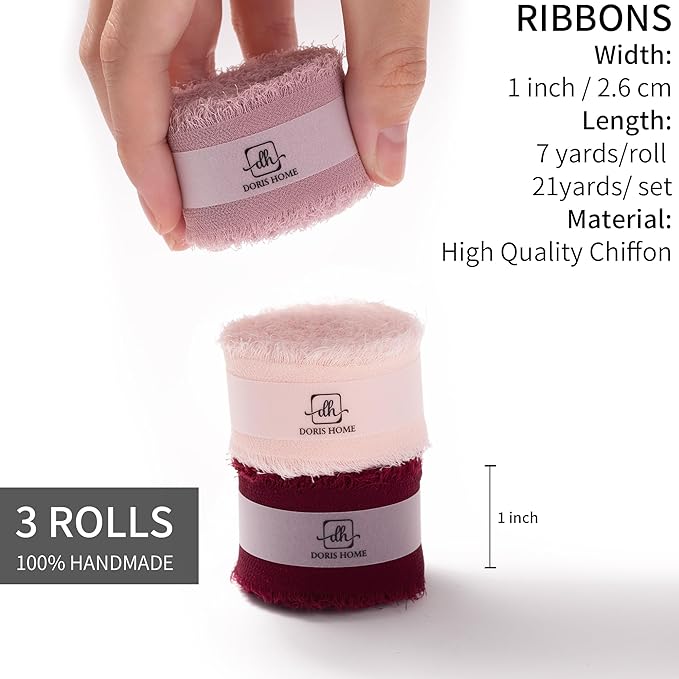 DORIS HOME Burgundy and Pink Chiffon Ribbon for Flower Bouquet, 1" x21Yd Fabric Ribbon for Gift Wrapping, Handmade Frayed Ribbon for Wedding Invitations/Christmas Decorations