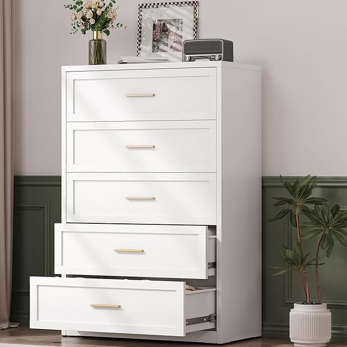 Metal Dresser with 5 Drawer，48" Tall Chest of Drawers with Wide Metal Handle,Drawer Organizer for Bedroom,Living Room,Hallway and Entryway,White