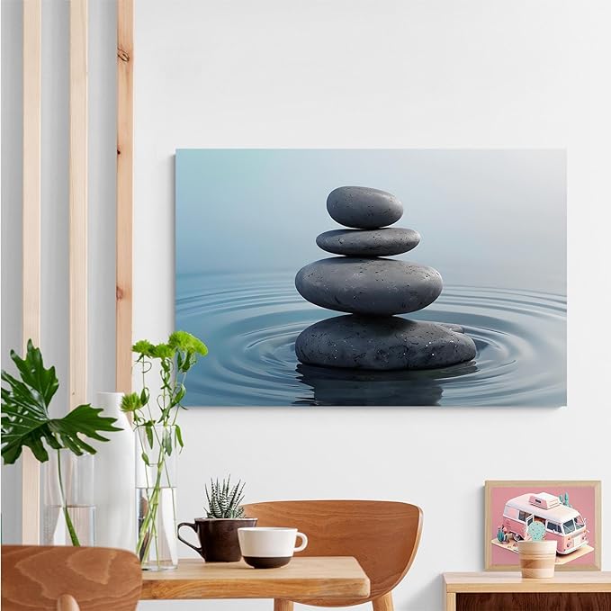 Zen wall art Harmonious grey stones stacked on a calm surface of water Serene Zen decor suitable for tranquil homes and spaces of meditation 8x12in Wood Framed