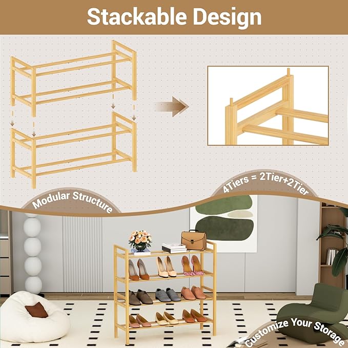 Haddockway Bamboo Shoe Rack for Closet, Free Standing Shoe Organizer with Smooth Round Rods & Convenient Handles, Stackable Shoe Storage Shelf for Entryway, Hallway(Natural, 4-Tier)