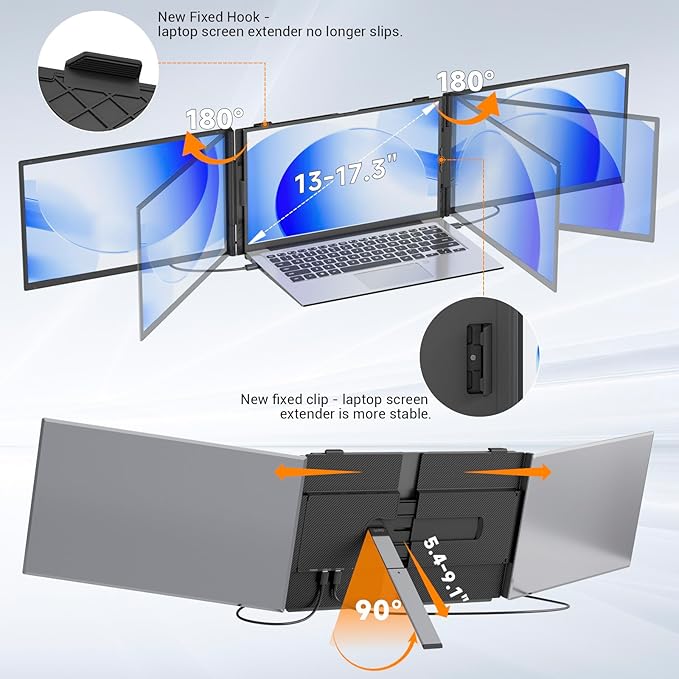 siaviala Laptop Screen Extender 0.17" Ultra-Thin, 14" 1080P FHD IPS Portable Monitor, Triple Screen Laptop Monitor Extender for 13"-17" Laptops, Plug & Play for Mac/Android/Chrome