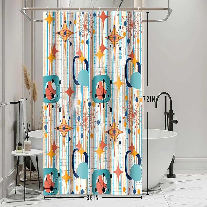 Mid Century Shower Curtain, 36x72inch, Modern Abstract Retro Colorful Striped Geometric Shower Curtain Sets 1950s Boho Bathroom Shower Curtain with 6 Hooks
