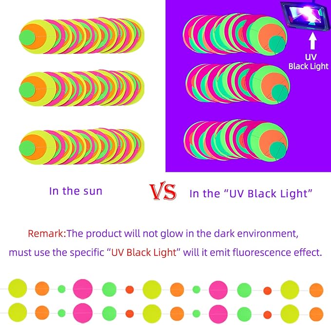 110feet UV Round Dot Paper Neon Garland Streamers Black Light Neon Decorations for Dark Glow Party UV Reactive Glow in The Dark Party Supplies Wedding Birthday Banner Decoration