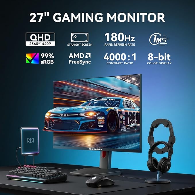27 Inch QHD 2560×1440 Flat Gaming Monitor,180Hz MPRT 1ms Computer Monitor,HDMI2.0×2, DP1.2×2, Freesync,4000:1 Contrast Ratio, 99% sRGB,HDR
