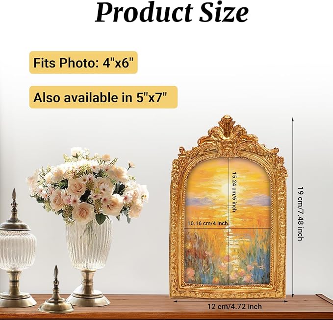 Vintage 4x6 Picture Frame, Gold Arch Resin Picture Frames Retro Handmade, Ornate Photo Frames with Glass Front for Wall Hanging or Tabletop Display, Antique Arched Photo Frame for Home Decor
