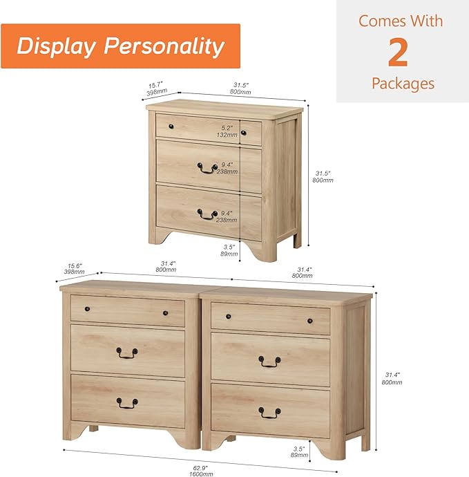WAMPAT 3 Drawer Dresser Set of 2, 63“ Large Farmhouse Dresser for Bedroom with Wide Chest of Drawers,Oak Wooden Dressers Nightstand Cabinet for Bedroom, Living Room, Hallway, Office