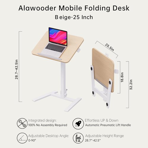 Alawooder 25-Inch Mobile Folding Desk - Pneumatic Sit-Stand Height Adjustable 29-42” for Home Office & Study