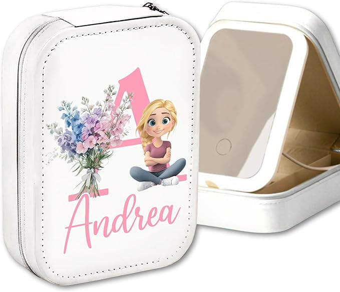 Wrappiness Women & Girls Floral Makeup Box With LED Mirror - Personalized Initial Letter and Birthmonth Flower Travel Comestic Case Gift for Daughters Sisters Friends Coworkers on Birthday Christmas