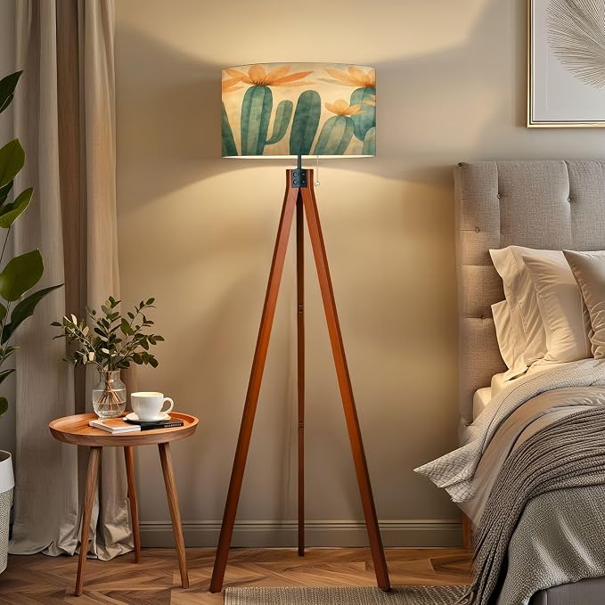 Wood Tripod Floor Lamp Green Succulents Floral Boho Plants Orange Flowers Foliage Botanical Mid Century Standing Lamp Linen Shade Dimmable Modern Tall lamp Home Decor for Living Room Bedroom Office