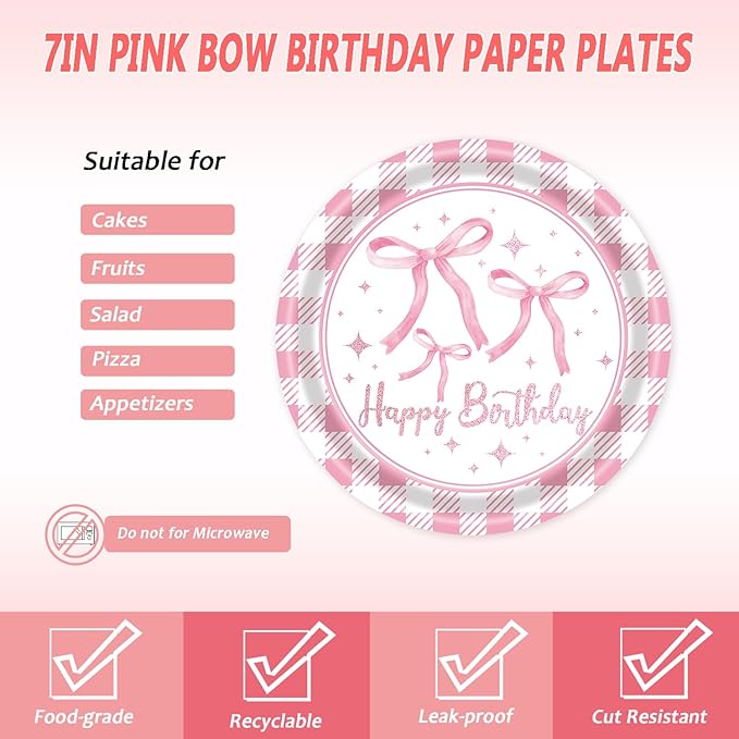 72Pcs Pink Bow Plates and Napkins, Coquette Birthday Party Supplies Pink Bow Paper Plates and Napkins Forks Tableware Decorations for 24 Guests