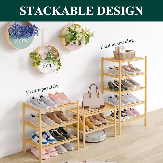 Smiry Small Bamboo Shoe Rack 6-Tier, Stackable Wooden Shoe Organizer for Entryway & Closet, Free Standing Wood Shoe Storage Shelf for Front Door & Small Spaces, Natural